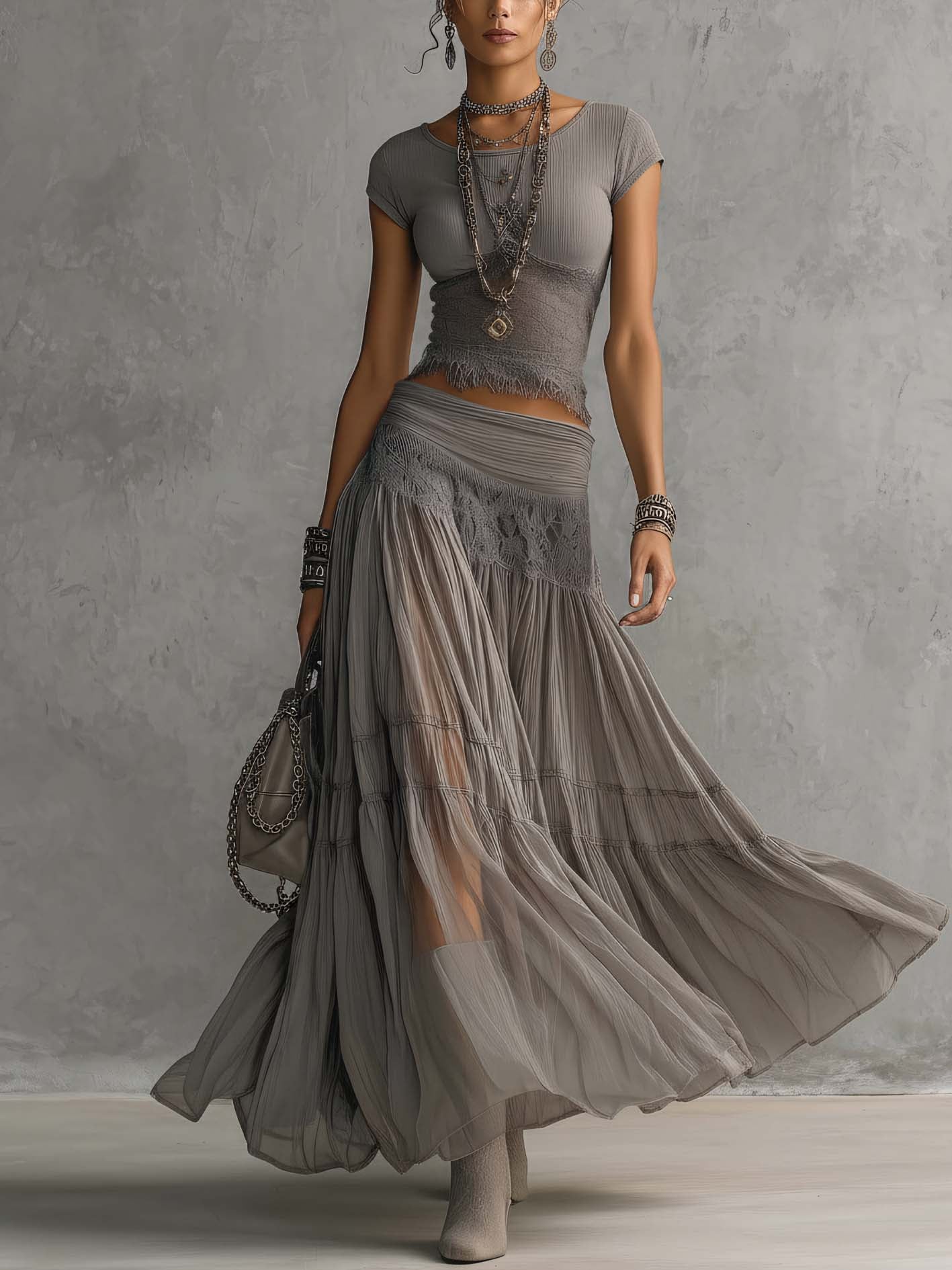 Lisa Lace-Paneled Top and Pleated Maxi Skirt Set