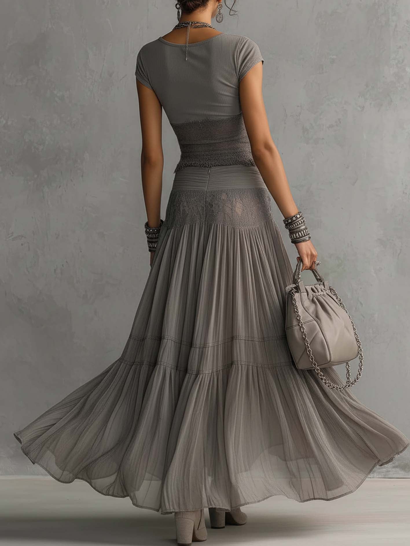 Lisa Lace-Paneled Top and Pleated Maxi Skirt Set