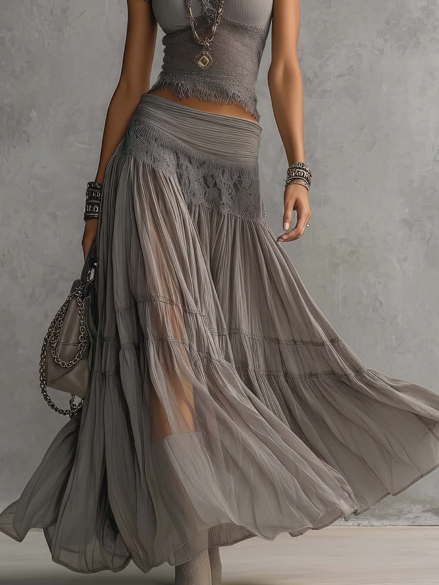 Lisa Lace-Paneled Top and Pleated Maxi Skirt Set