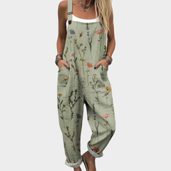 Comfortable Printed Overalls in green with adjustable straps and wide-leg fit