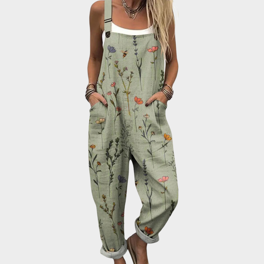 Comfortable Printed Overalls in green with adjustable straps and wide-leg fit