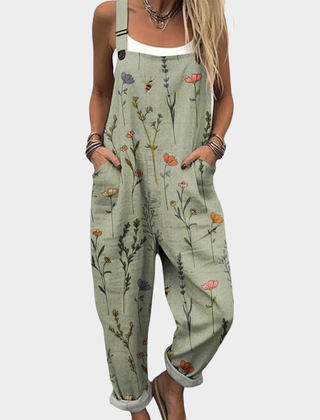 Comfortable Printed Overalls in green with adjustable straps and wide-leg fit