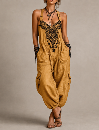 Astrid Bohemian Embroidered Jumpsuit in Yellow