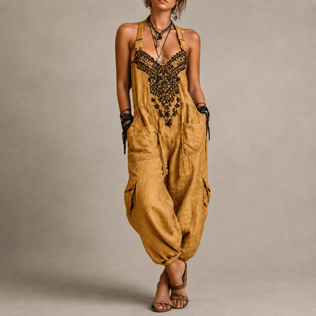 Astrid Bohemian Embroidered Jumpsuit in Yellow