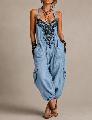 Astrid Bohemian Embroidered Jumpsuit in Blue