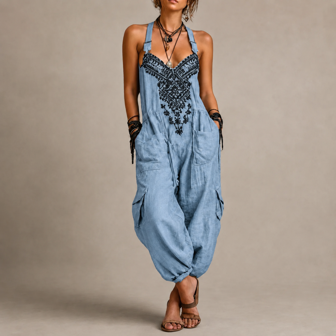 Astrid Bohemian Embroidered Jumpsuit in Blue