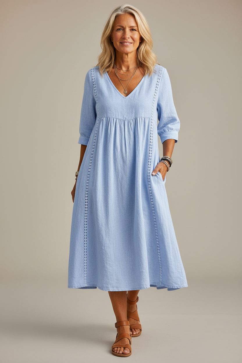 Carmen Lightweight Maxi Dress with Ruched 3/4 Sleeves