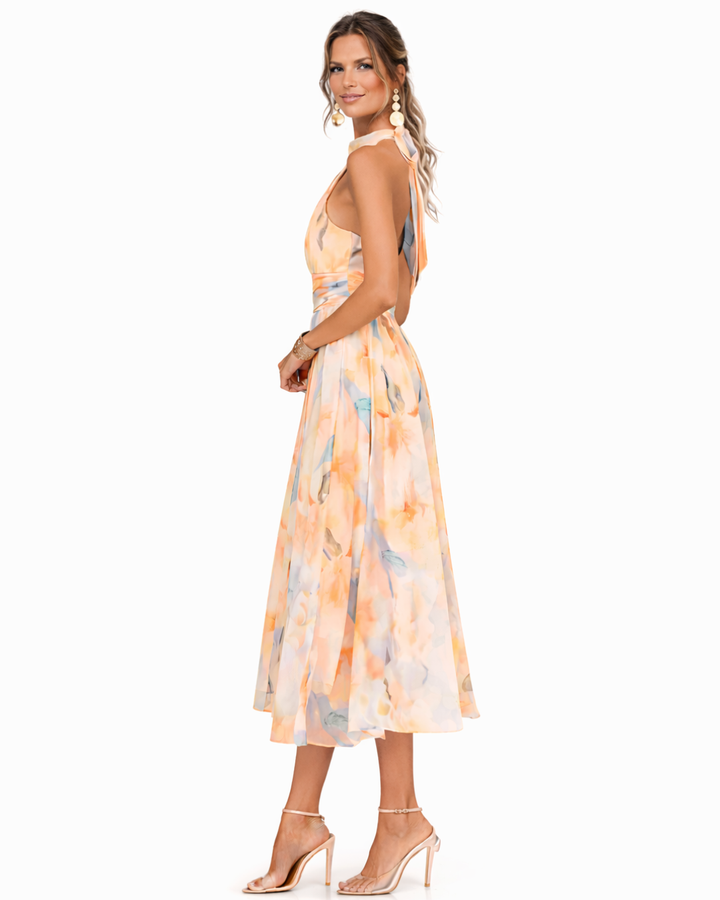 Aurora Halter Neck Watercolor Print Maxi Dress - side view