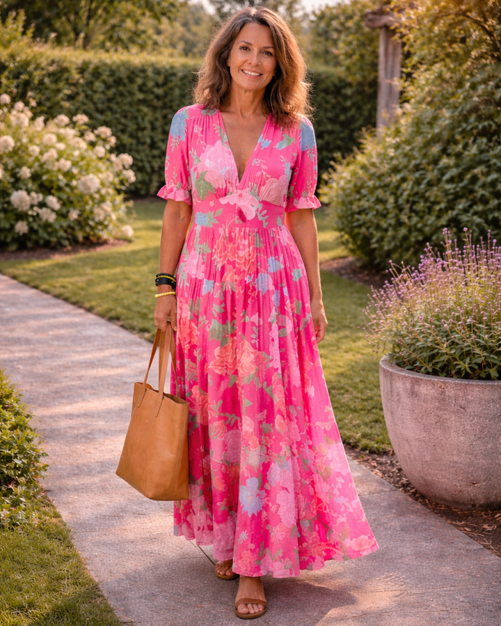 Fiona | Sleeveless midi dress with floral print and V-neck