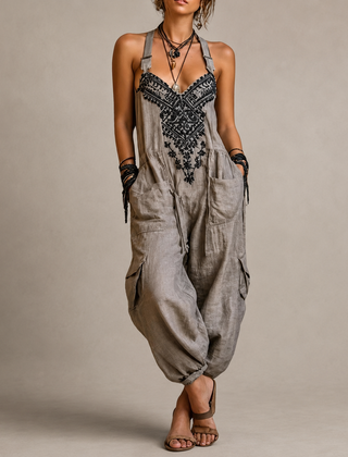 Astrid Bohemian Embroidered Jumpsuit in Gray