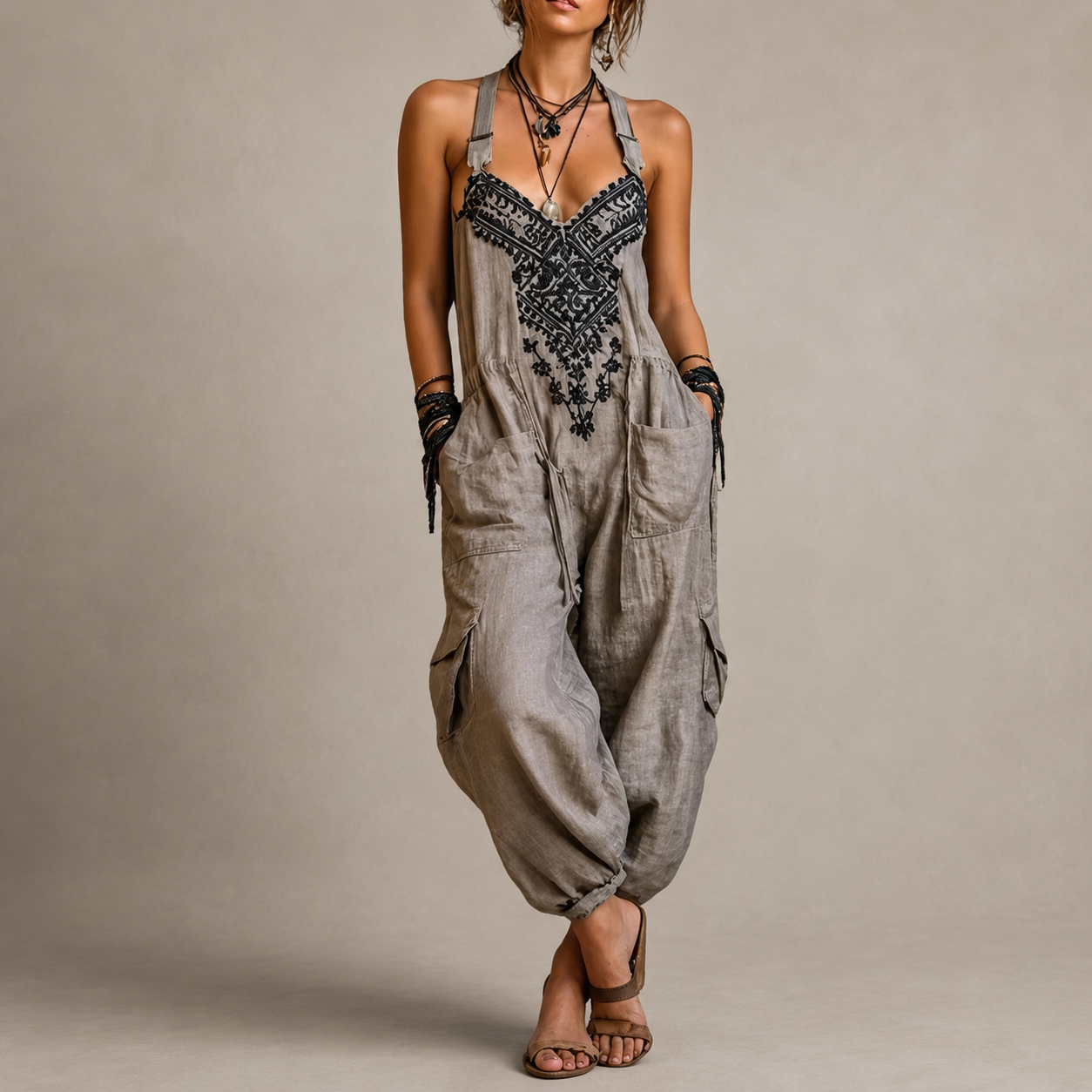 Astrid Bohemian Embroidered Jumpsuit in Gray