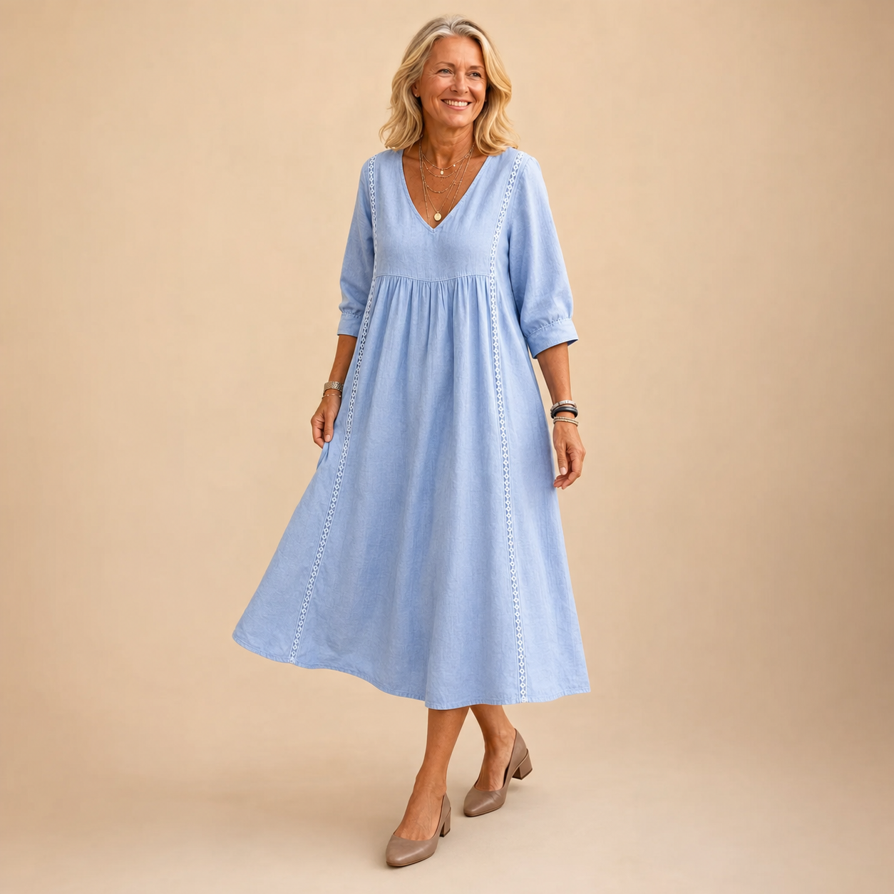 Carmen Lightweight Maxi Dress with Ruched 3/4 Sleeves