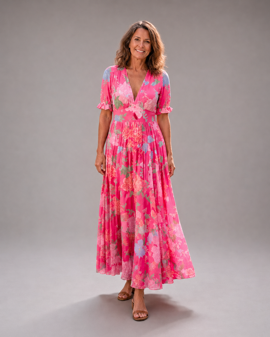 Fiona | Sleeveless midi dress with floral print and V-neck
