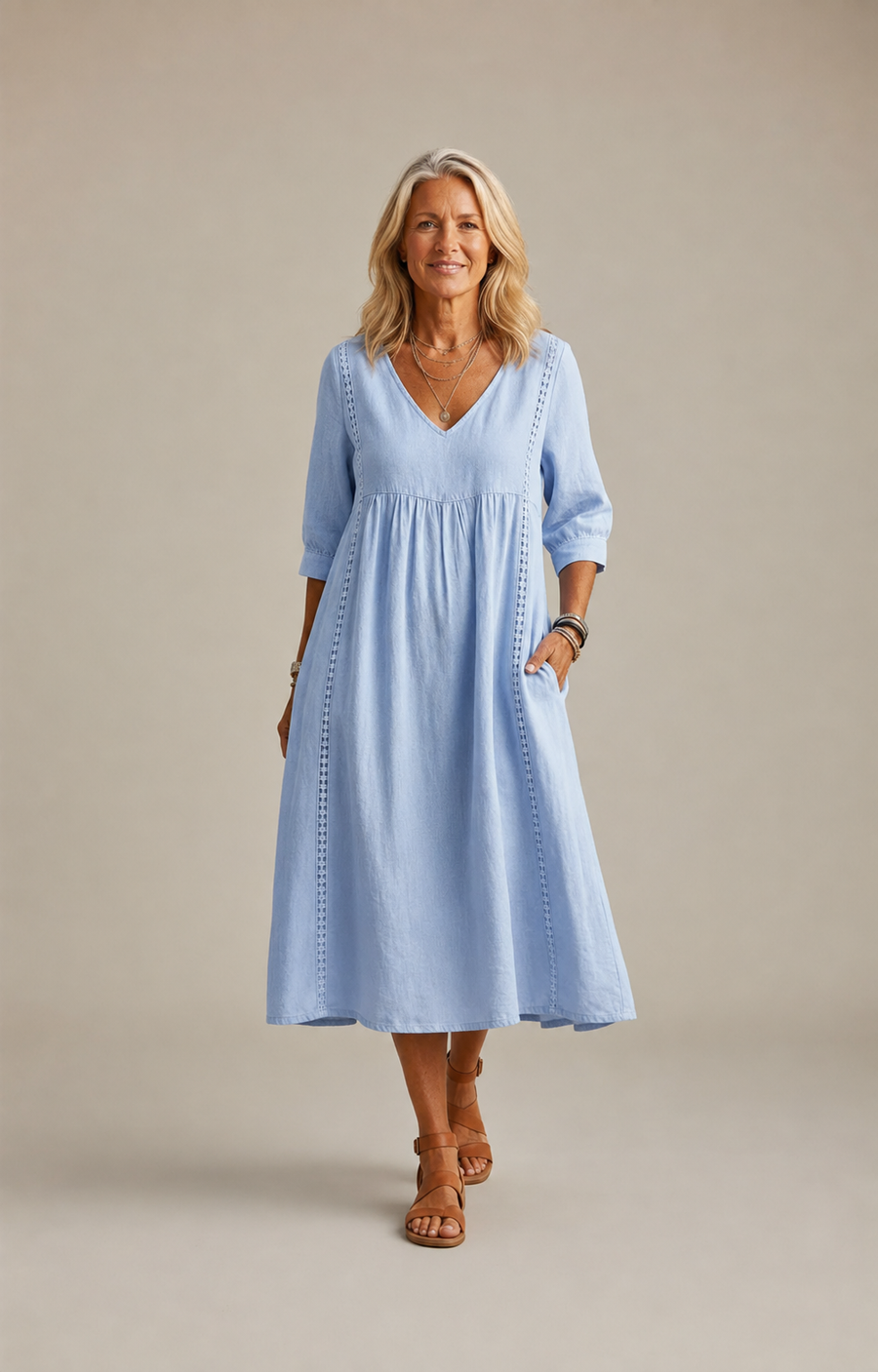 Carmen Lightweight Maxi Dress with Ruched 3/4 Sleeves