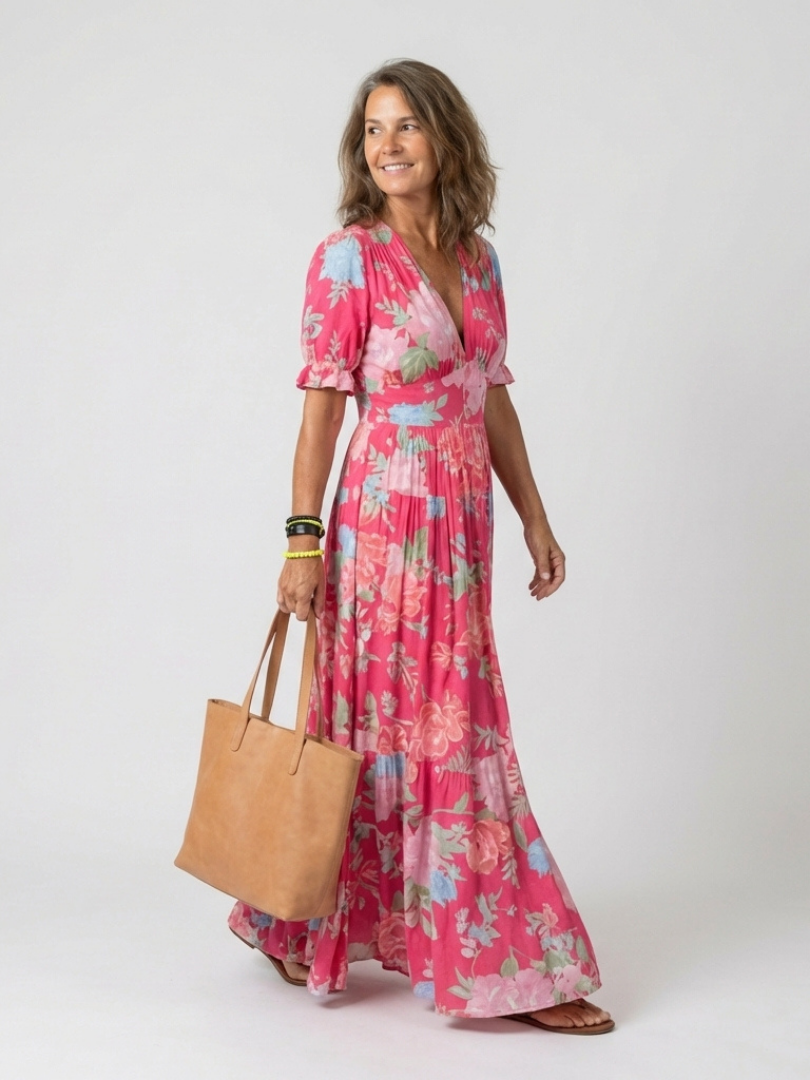 Fiona | Sleeveless midi dress with floral print and V-neck