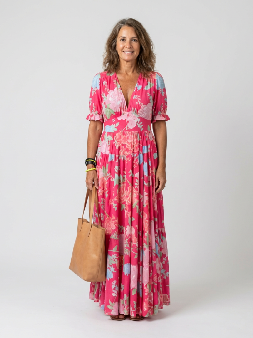 Fiona | Sleeveless midi dress with floral print and V-neck