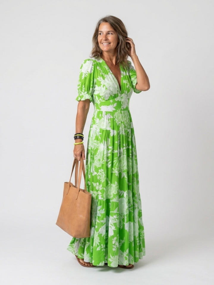 Fiona | Sleeveless midi dress with floral print and V-neck