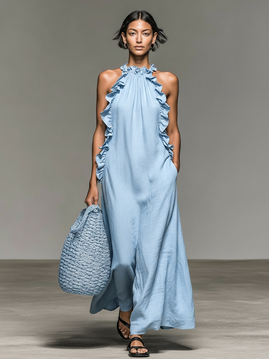 Avielle Casual Pocketed Maxi Dress in Light Blue