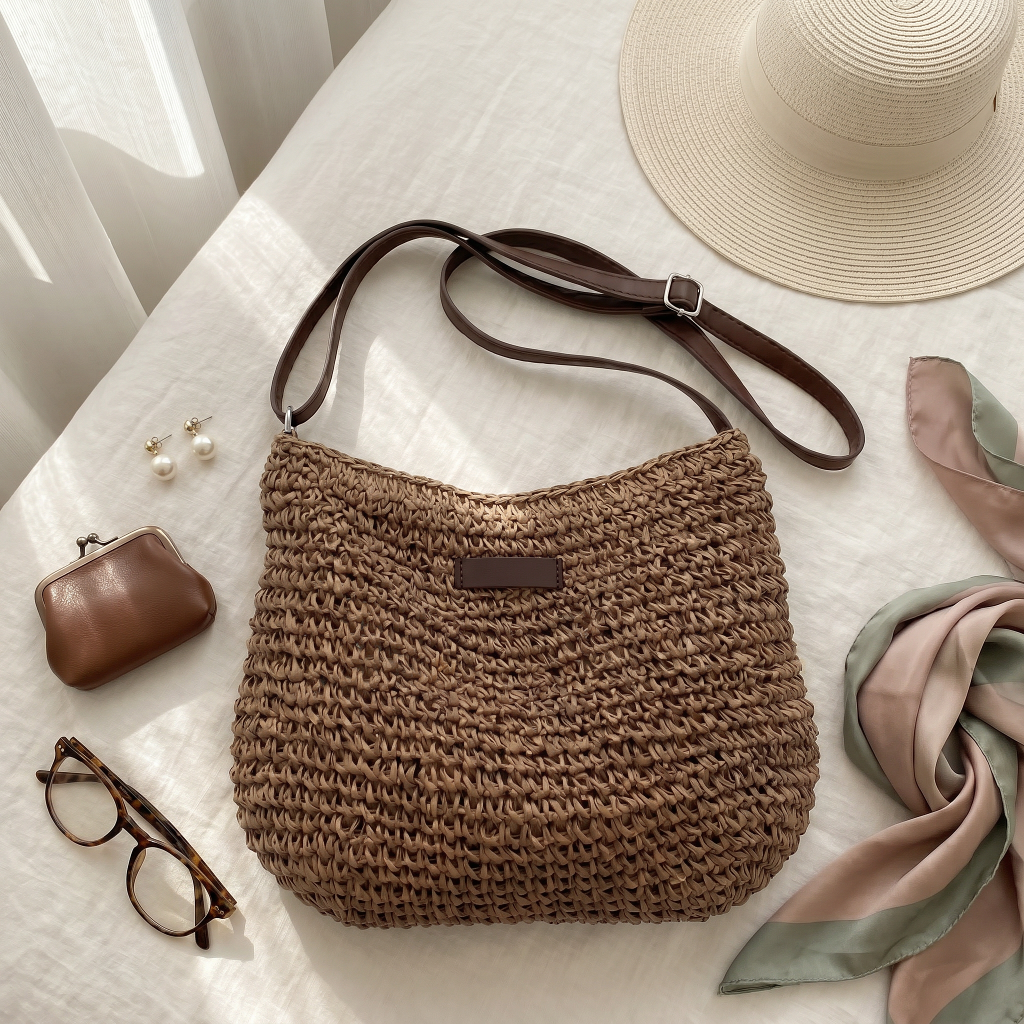 Simona Woven Shoulder Bag - Brown